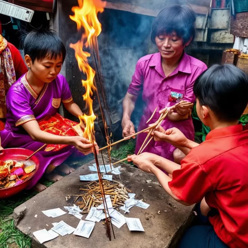 Gia đình Việt Nam thực hiện nghi lễ cúng thí thực ngoài trời